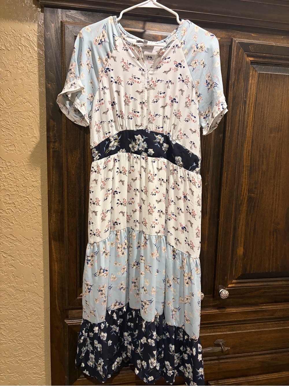 Floral Patchwork Midi Dress in Light Blue, Cream & Navy